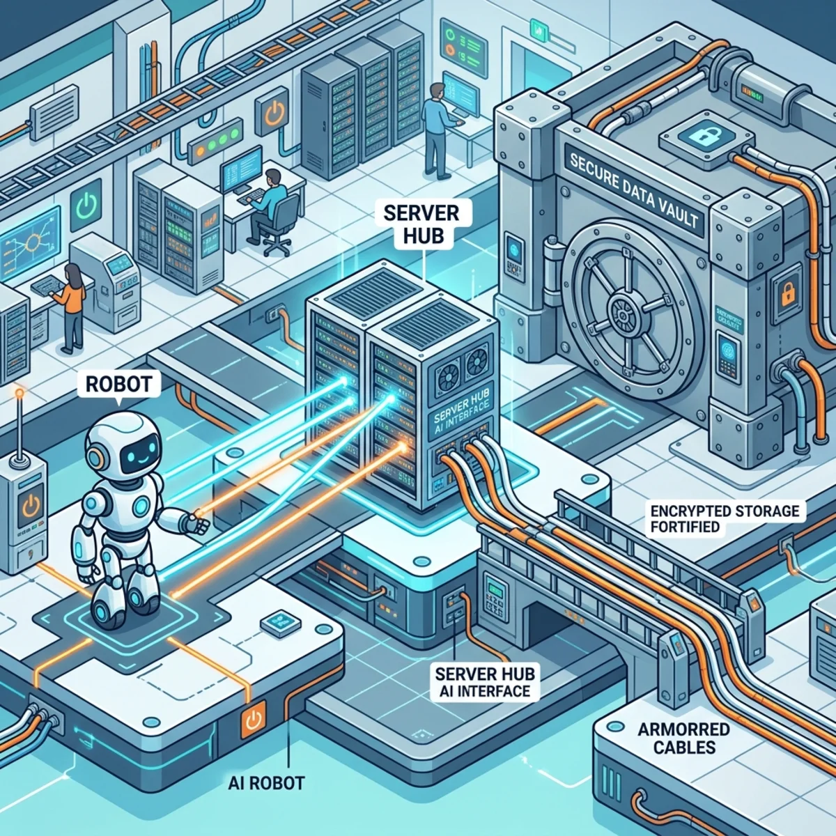 Architectural diagram showing a lightweight client robot connecting to an MCP Server hub, which securely connects to a Dataverse data vault.