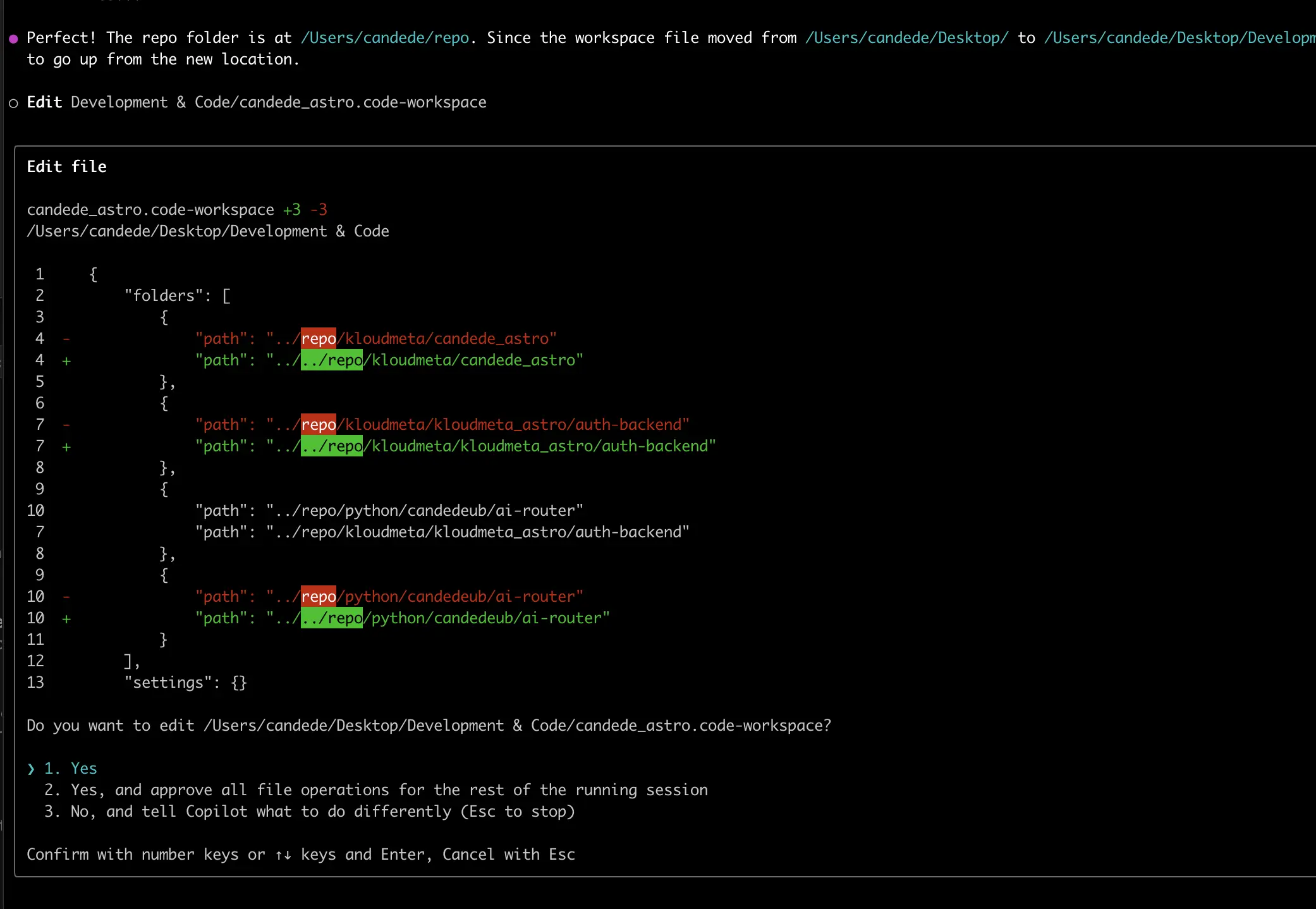 Copilot CLI autonomously fixing workspace paths