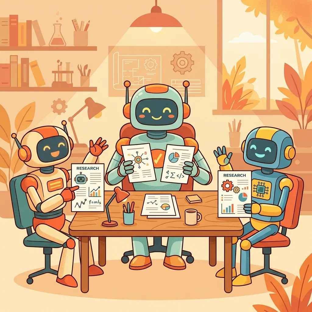 A friendly 2D vector illustration showing two models presenting independent research papers to a third Judge model sitting at the center table