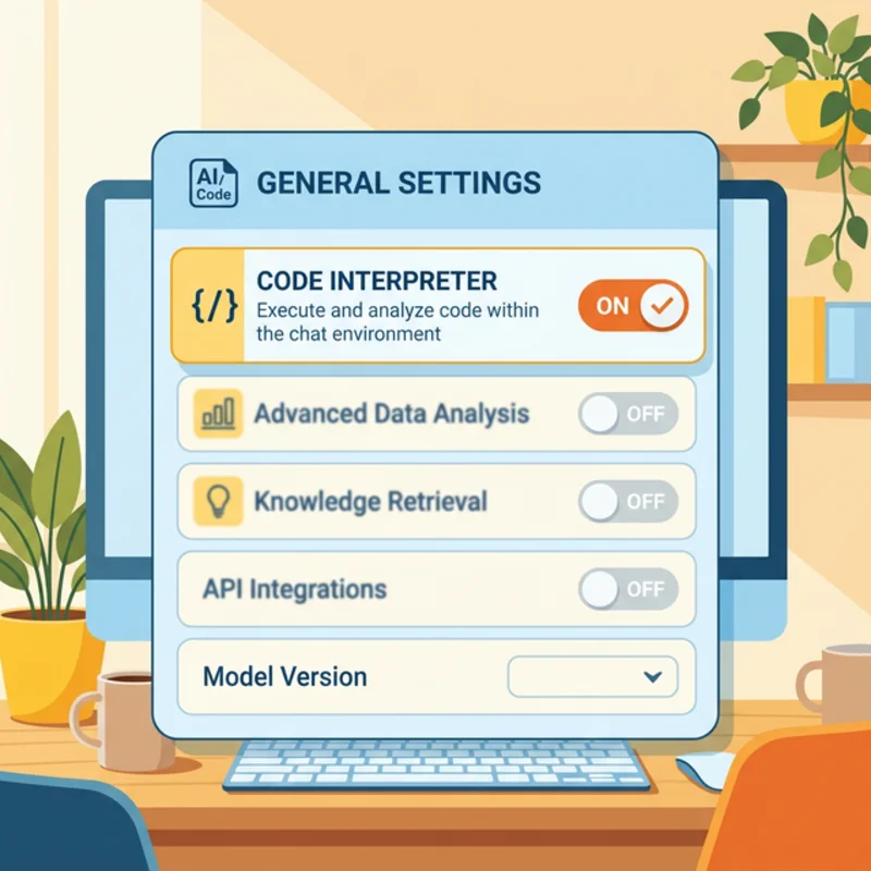 A visual mockup of the Copilot Studio Agent Settings panel with the Code Interpreter toggle highlighted