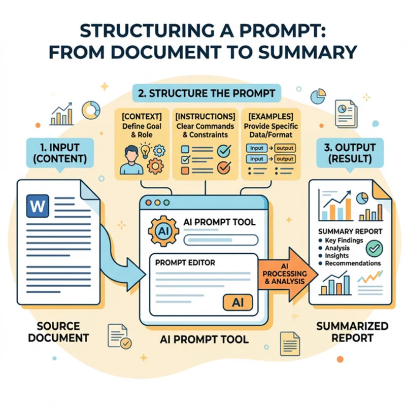 A diagram showing the end-to-end file processing pipeline: user uploads a file in chat, the prompt tool receives it, and outputs a structured summary