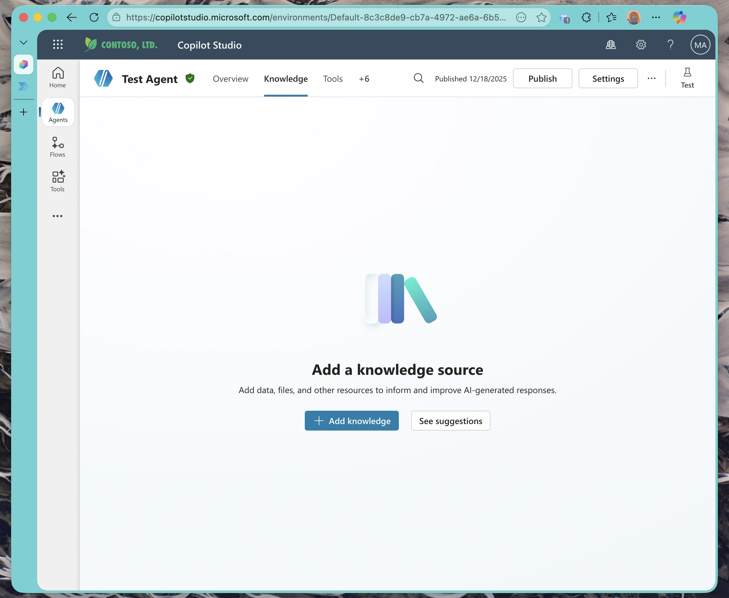 Knowledge tab displaying configured data sources