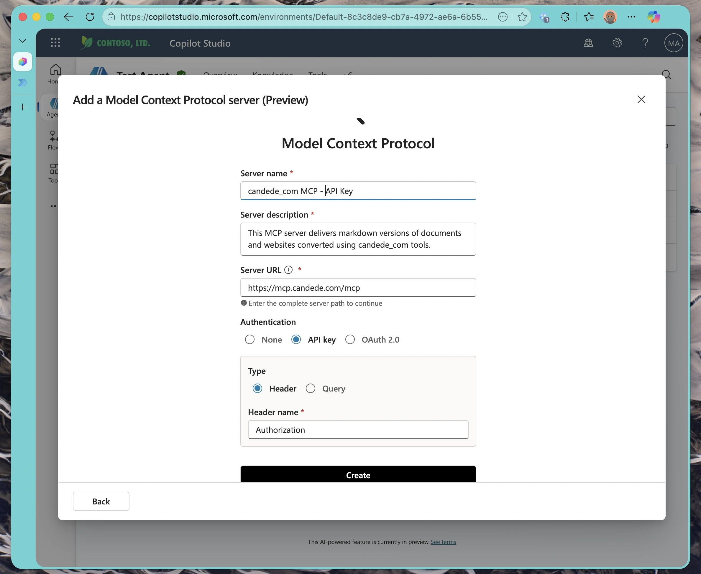 Form for entering the MCP server URL and connection details
