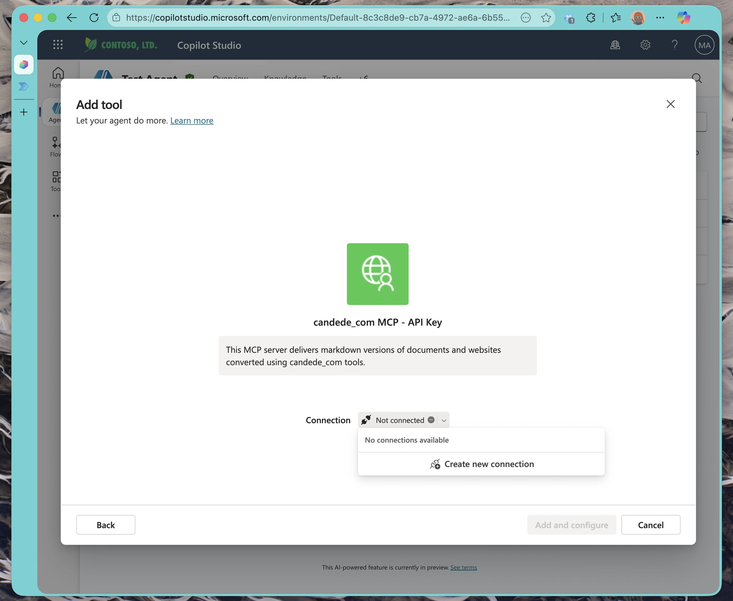 Connection creation dialog for the MCP server