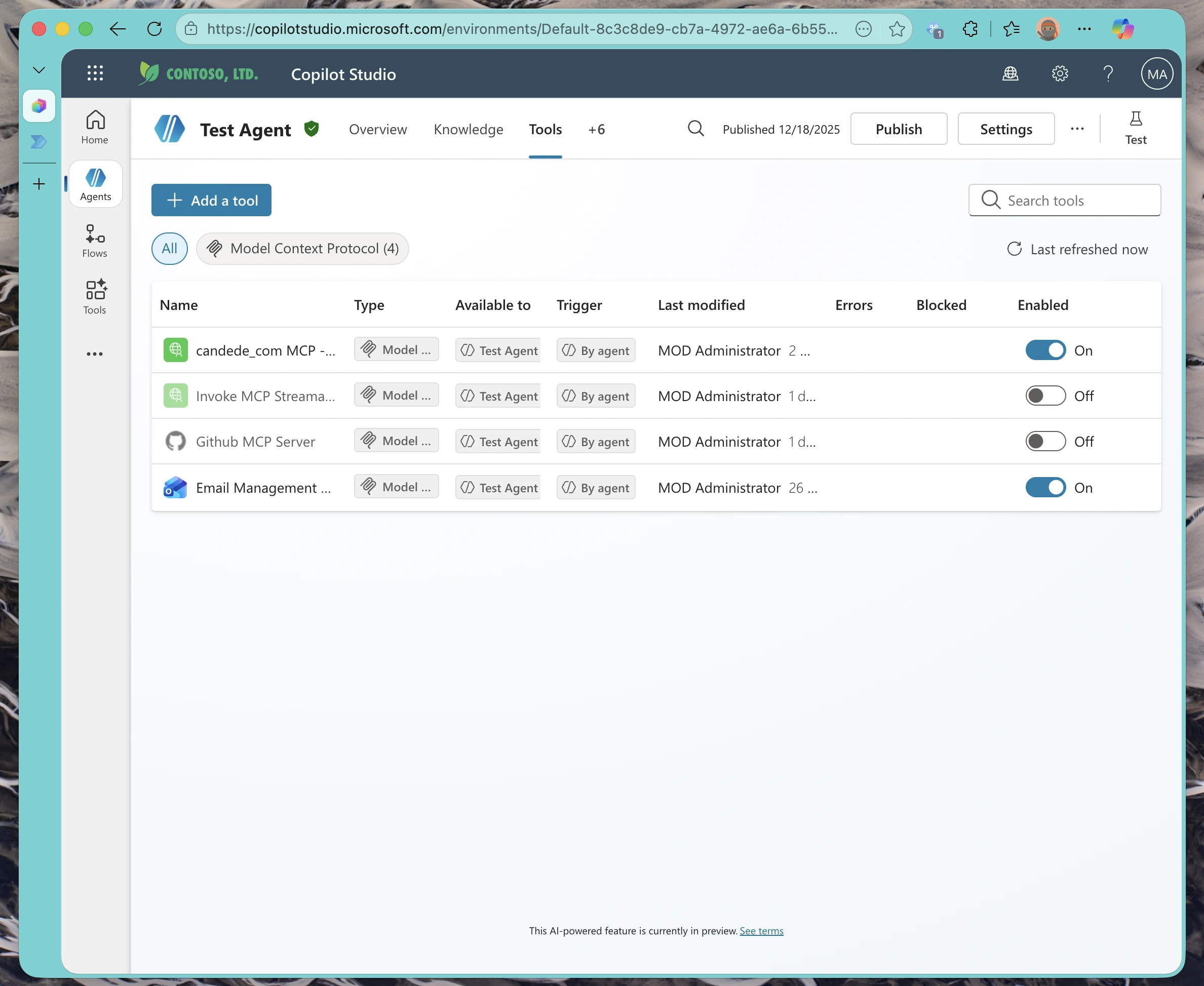 Active tools list showing MCP tools are now available to the agent