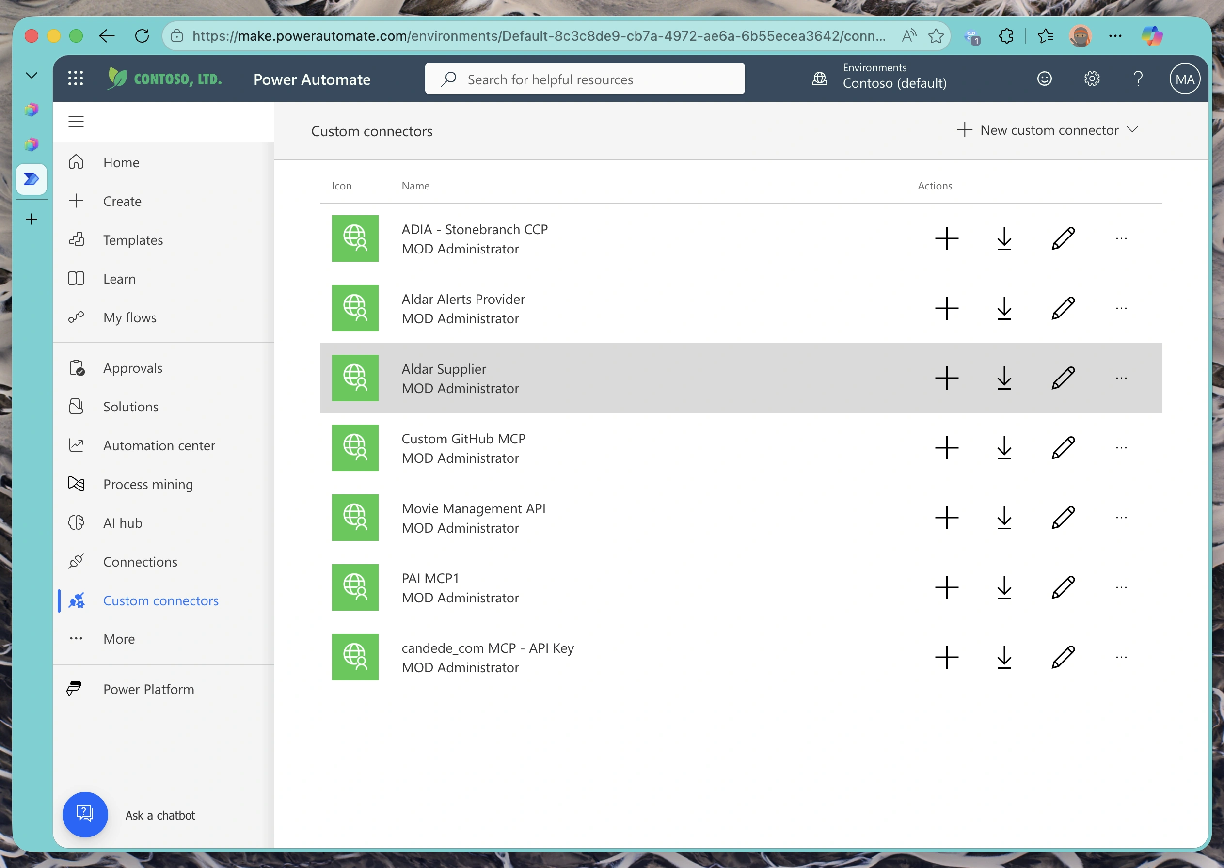 Power Automate interface showing the automatically created custom connector for the MCP server