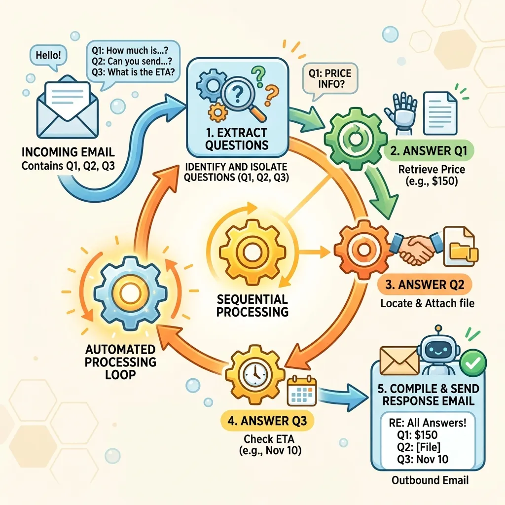 A diagram showing an automated loop extracting multiple questions from an email and answering them sequentially.