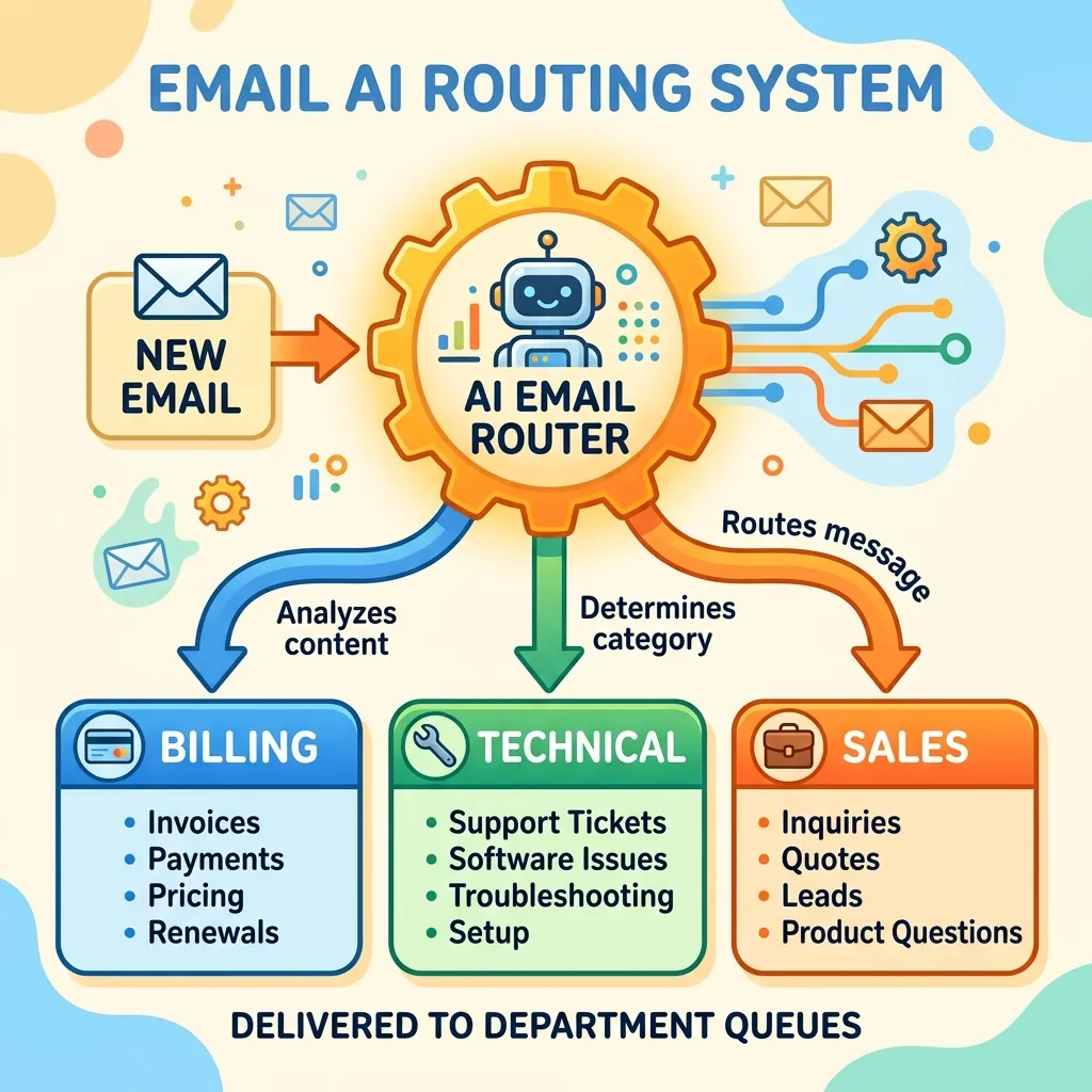A diagram illustrating the AI engine routing an email into Billing, Technical, and Sales queues with colorful arrows.
