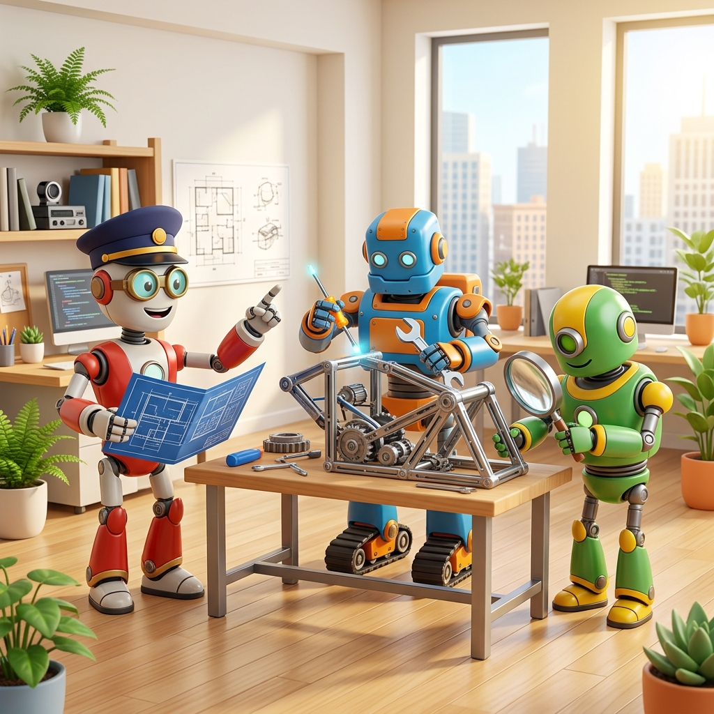 The three core roles of an autonomous mission: The Orchestrator, The Worker, and The Validator working together
