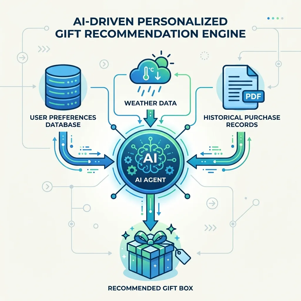 Conceptual architecture of an AI agent dynamically connecting to database, weather, and document data sources to output a gift recommendation
