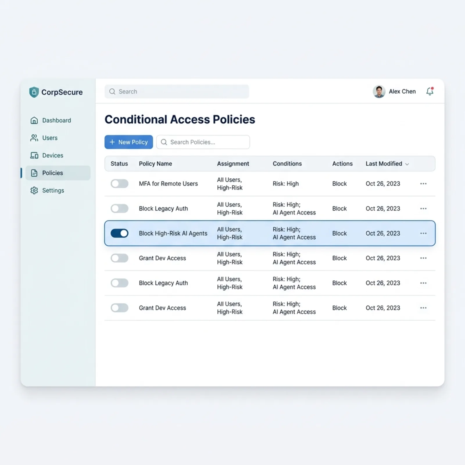 A clean, modern admin dashboard UI mockup showing Conditional Access Policies blocking High-Risk AI Agents