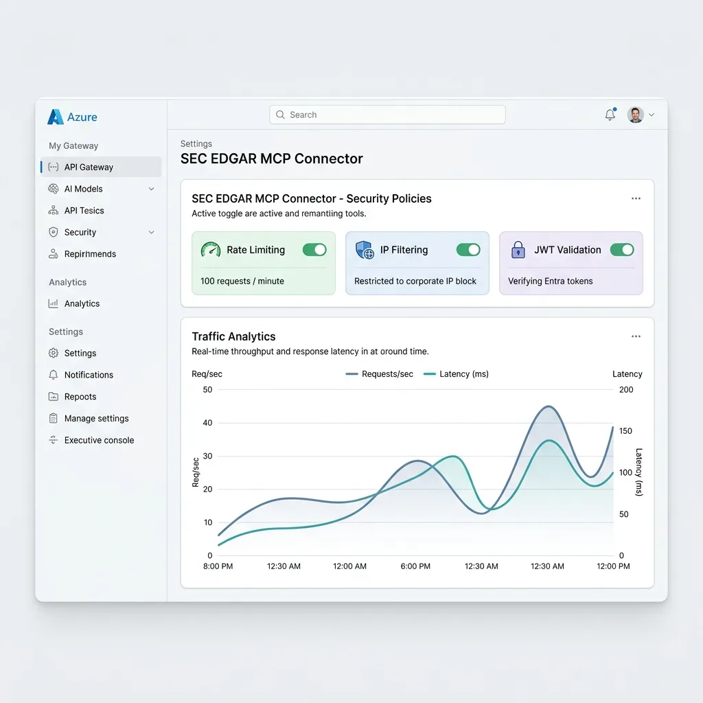 A professional admin console UI mockup showing Azure API Management AI Gateway policies for custom MCP connectors