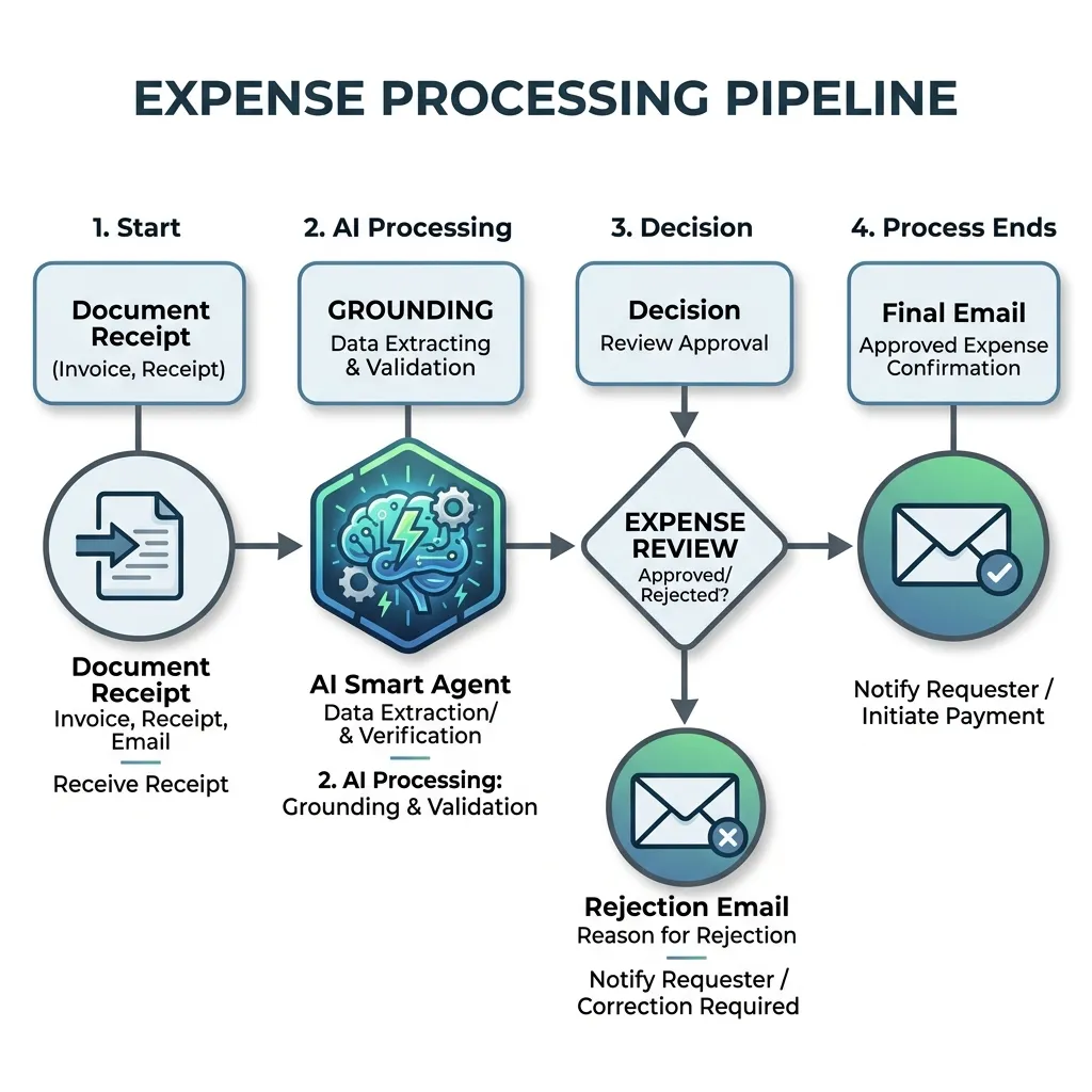 Flowchart illustrating the expense processing pipeline with AI grounding