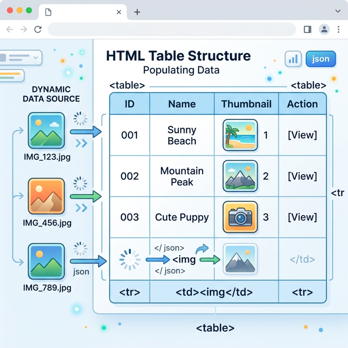 Illustration of an HTML table dynamically populated with images