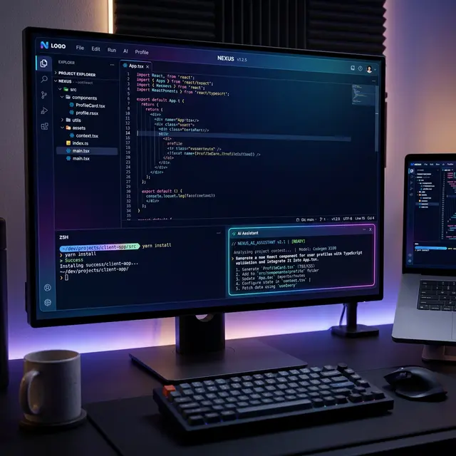 Premium developer workspace with Copilot CLI integrated into the VS Code terminal