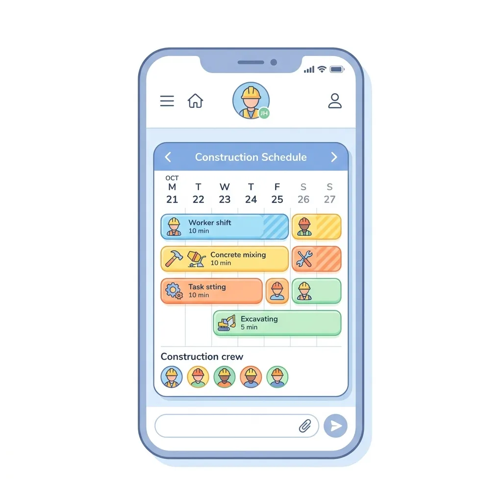 Mock screenshot of Microsoft Copilot rendering an interactive, colorful construction worker schedule widget