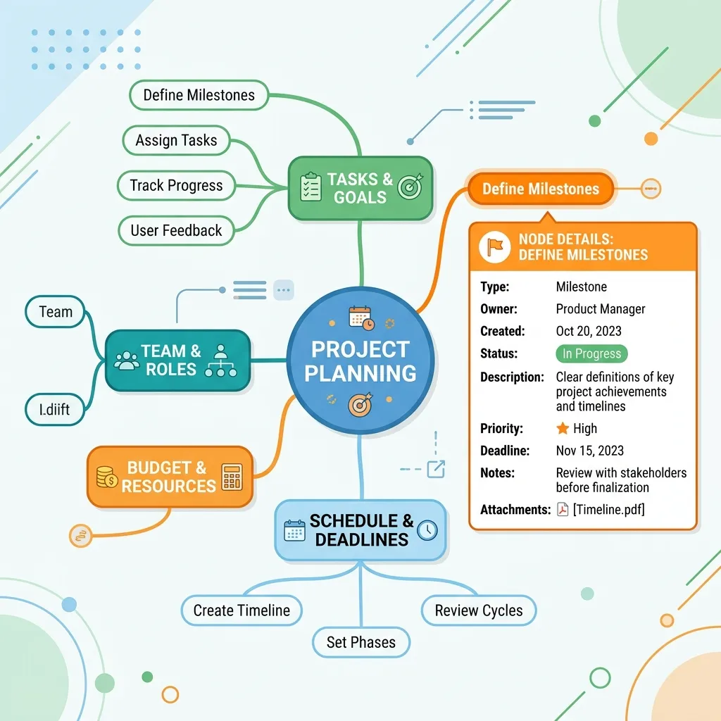 An interactive knowledge mind map diagram showing dynamic sub-topic exploration and metadata extraction.