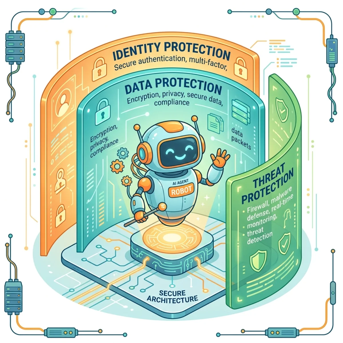 Conceptual diagram showing an AI agent protected by Entra, Purview, and Defender shields