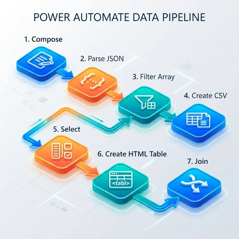 Flowchart visualizing a complete Power Automate data pipeline using all 7 operations