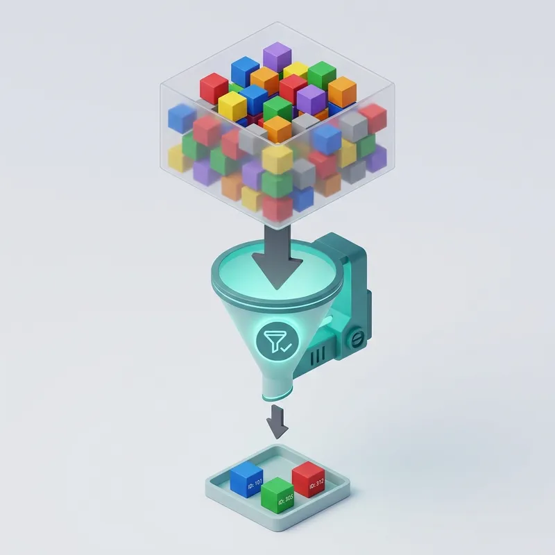 Diagram showing a large dataset being filtered into a smaller, specific subset via a funnel