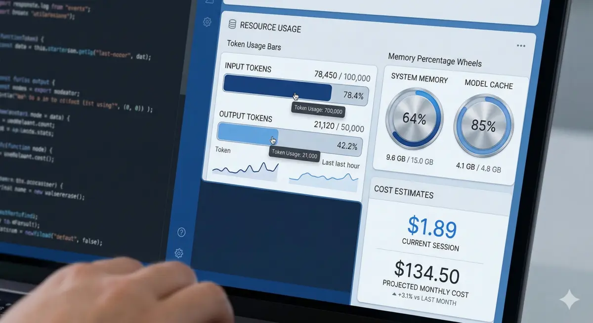 Close-up of a right-hand sidebar panel displaying token count, memory percentage, and contextual data