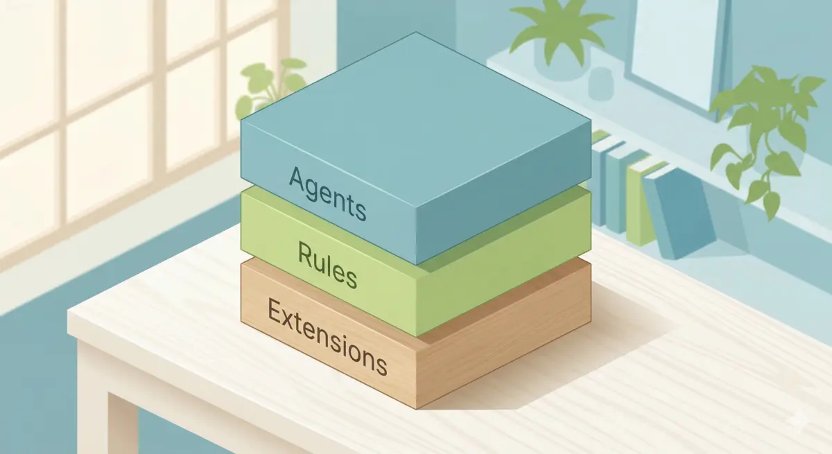 Diagram illustrating the Agents, Rules, and Extensions layers in a flat, friendly blue and green design