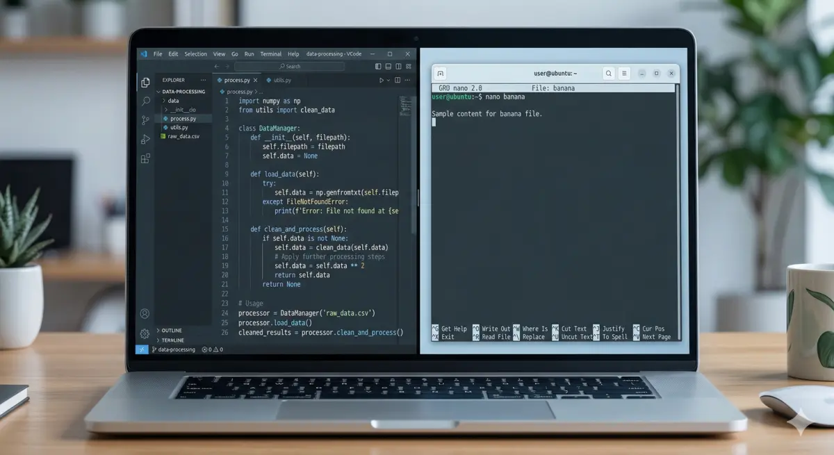Illustration of a monitor showing a dark-themed VS Code code editor on the left and a WSL terminal on the right