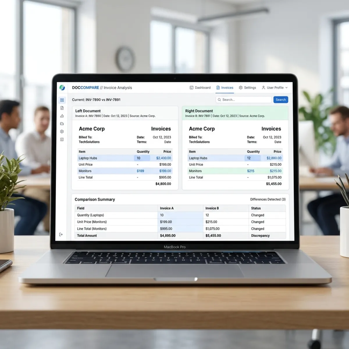 UI Mockup showing two invoices being compared side-by-side with differences highlighted