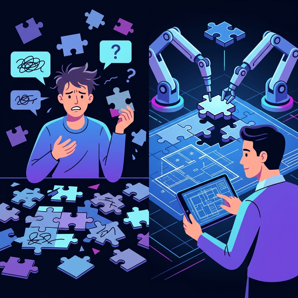 Illustration comparing a frustrated Prompter with messy pieces and a calm Director with a clean blueprint