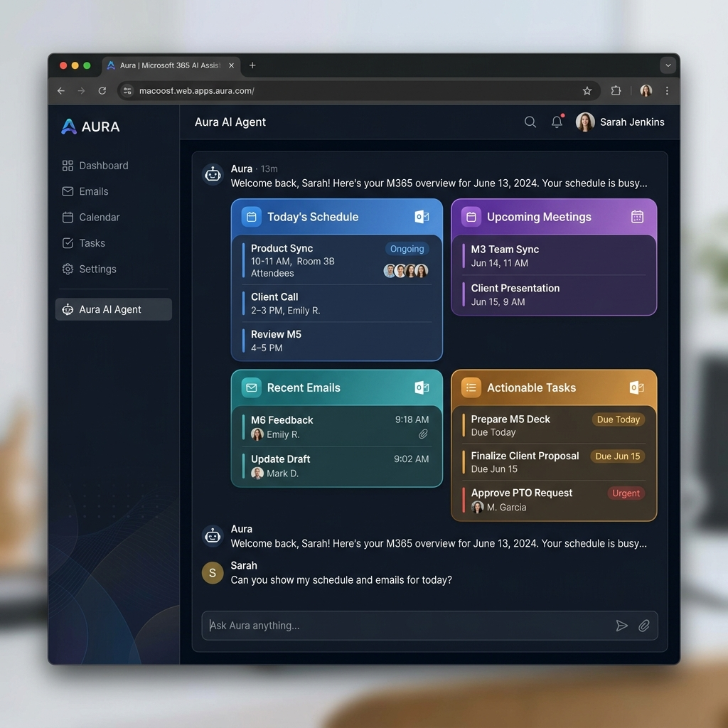 Custom Agent interface mockup rendering Work IQ email and calendar data